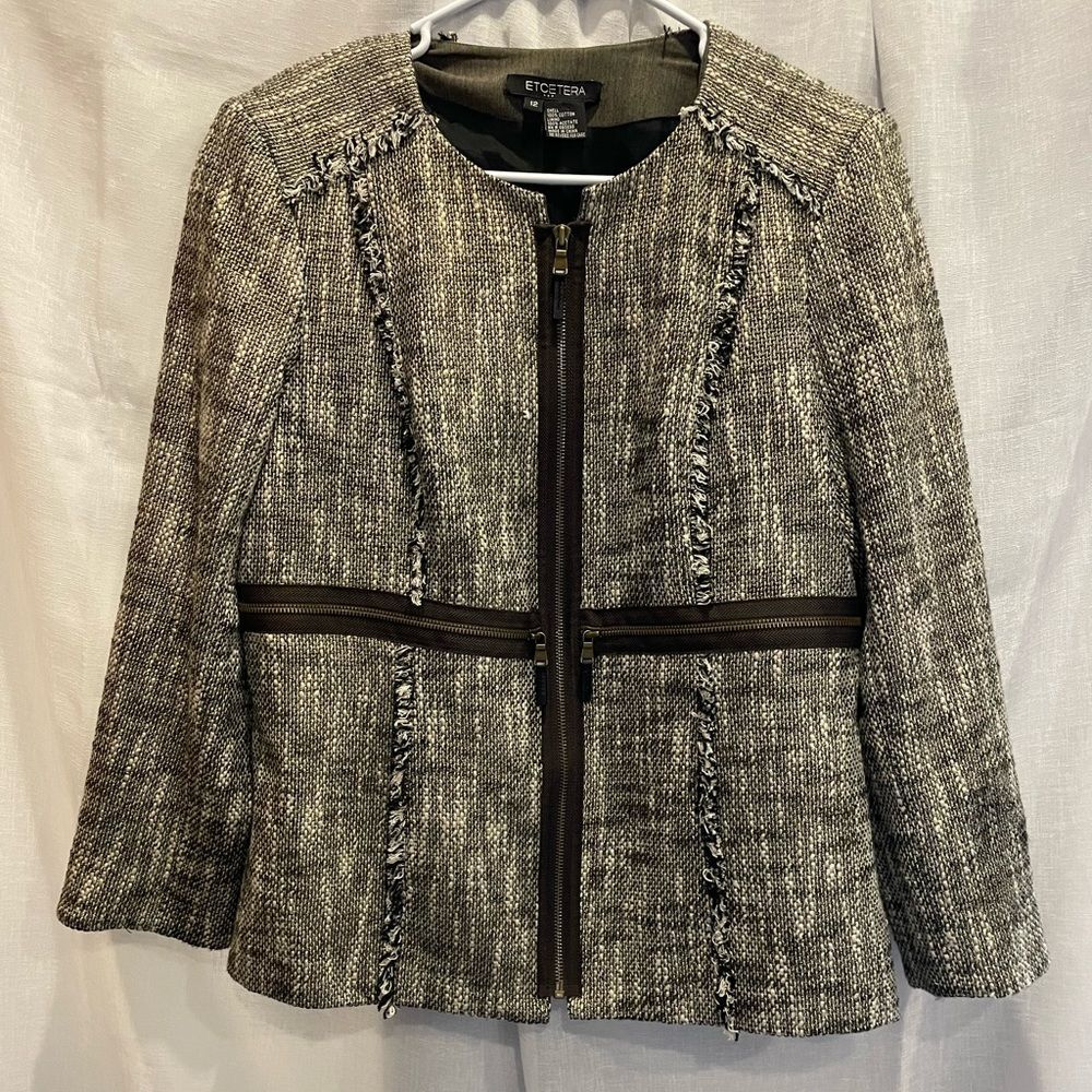 ETCETERA Jacket Black White Shimmer Gold Fringe Zip Front Size 12